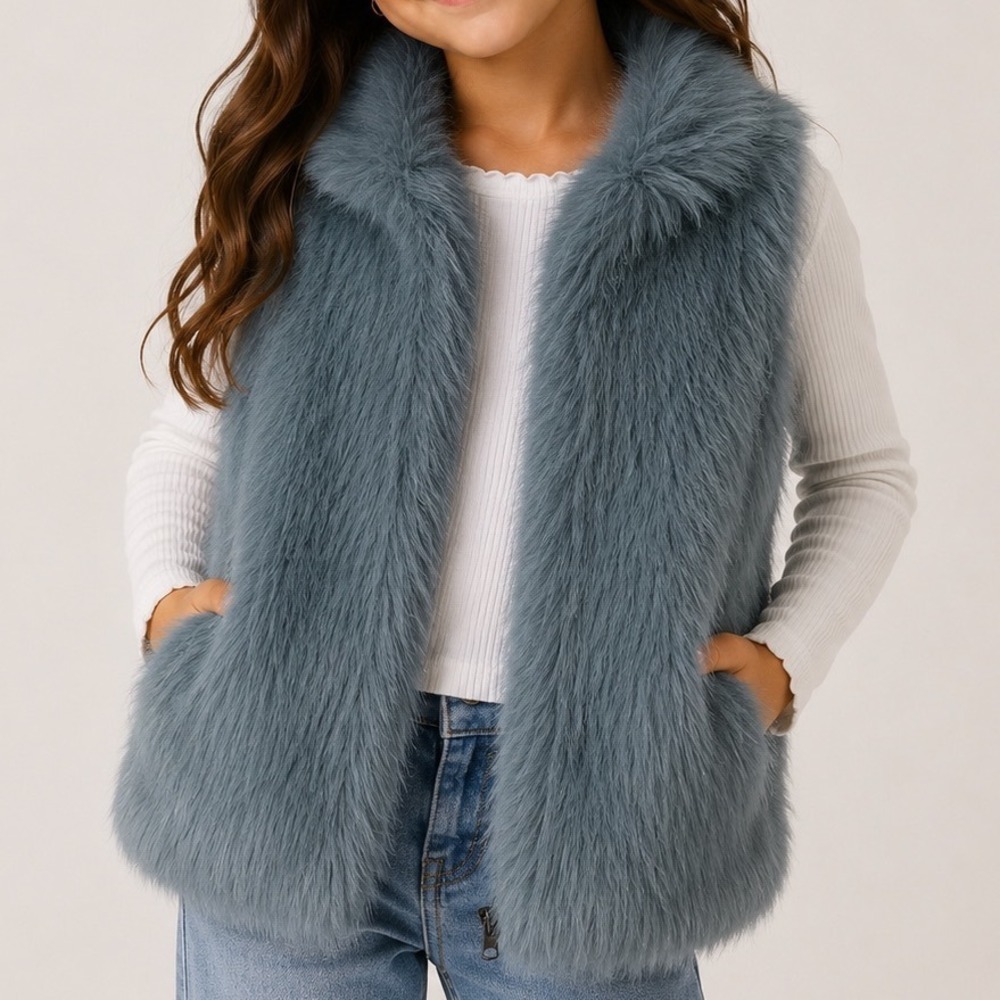 Splendid Girls Dusty Blue‎ Faux Fur Vest Size 3T Open Front Plush Layering Piece